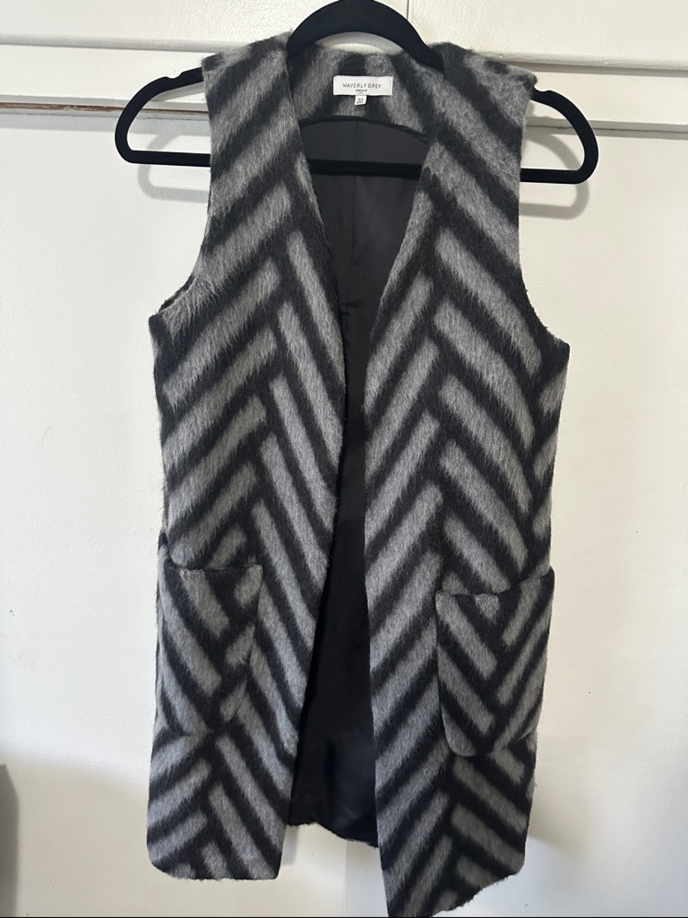 Waverly Grey Black and Gray Chevron Long Open Vest